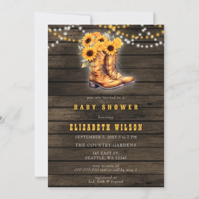Invitation Sunflowers Cowgirl Bottes Baby shower occidental (Devant)