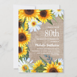 Invitation Sunflowers Daisies Burlap Pays 80e anniversaire