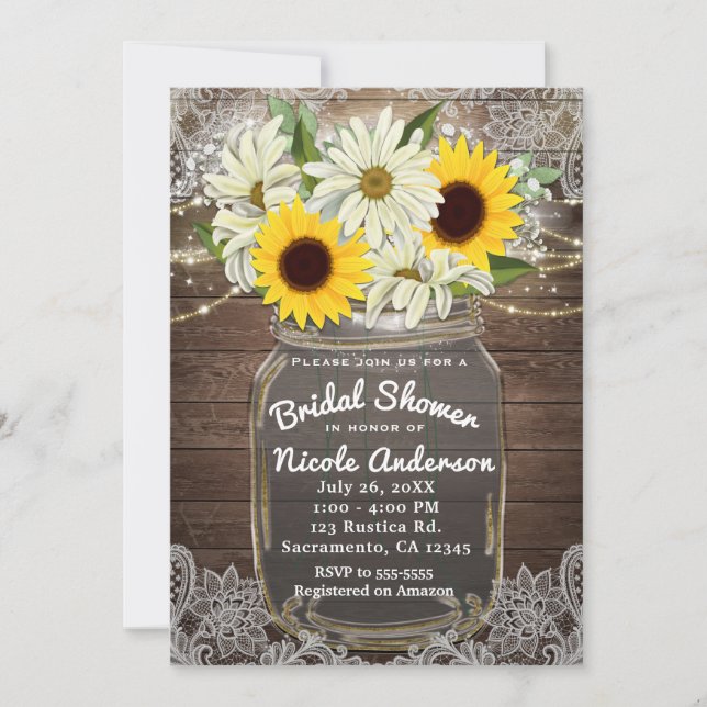 Invitation Sunflowers & Daisy Mason Jar Sparkle Rustic Chic (Devant)