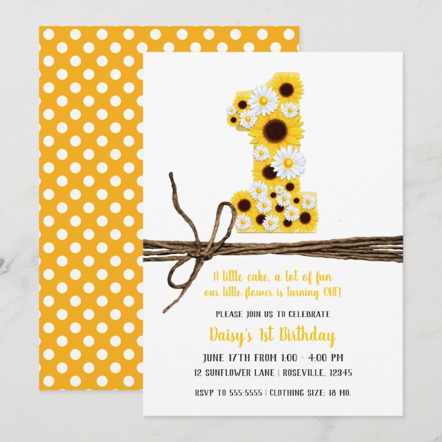 Invitation Sunflowers & Daisy ONE 1ère fête d'anniversaire (Devant / Derrière)