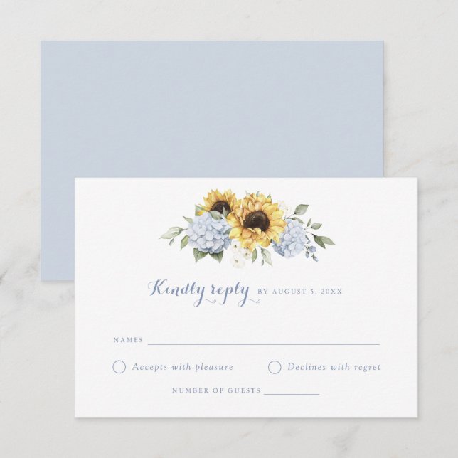 Invitation Sunflowers Dusty Blue Hydrangea Wedding RSVP (Devant / Derrière)