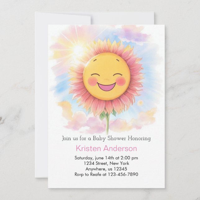 Invitation Sunflowers et Smile Sunshine Girl Baby shower (Devant)