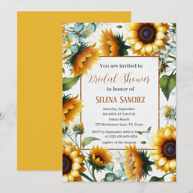 Invitation Sunflowers Eucalyptus Floral Bride Fête des mariée (Devant / Derrière)
