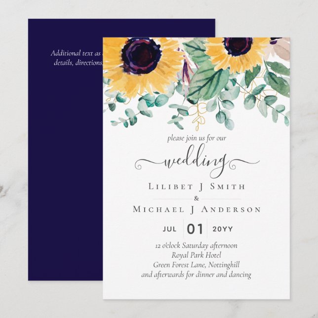 Invitation Sunflowers Eucalyptus Mariage de verdure (Devant / Derrière)