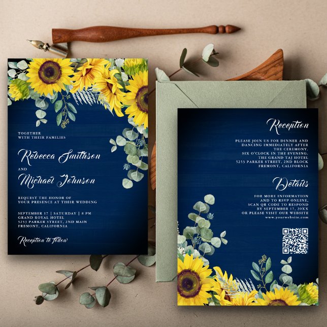 Invitation Sunflowers Eucalyptus QR Code Marine Mariage bleu (Créateur téléchargé)
