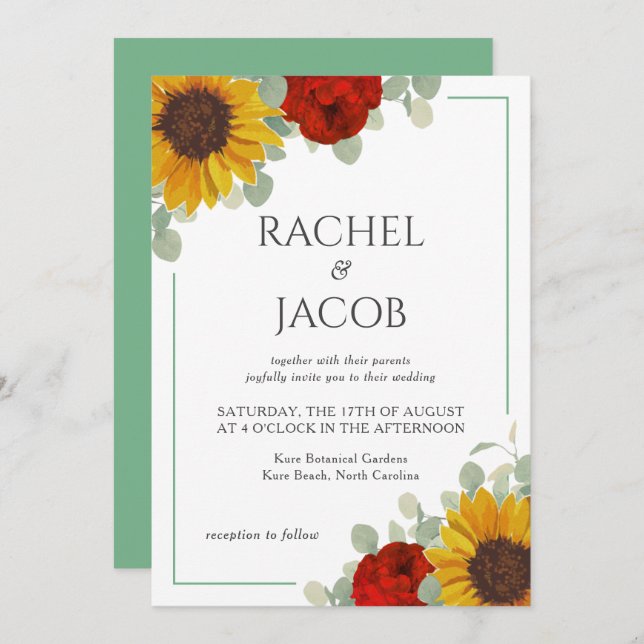 Invitation Sunflowers Eucalyptus Rose Mariage moderne (Devant / Derrière)