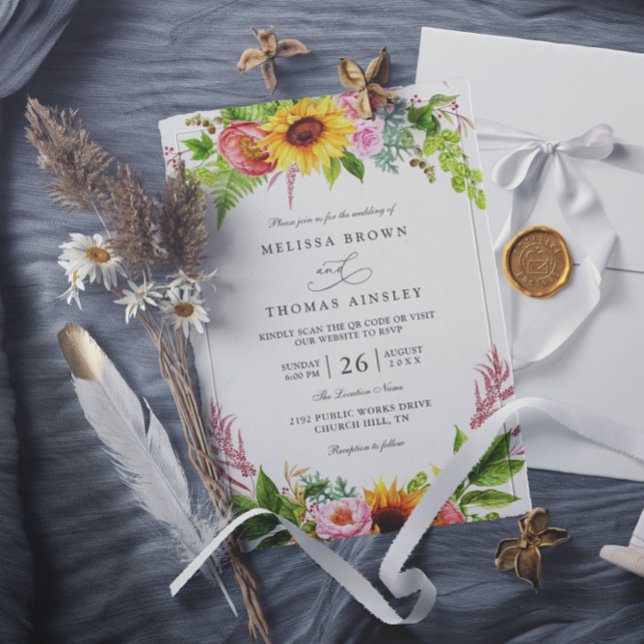 Invitation Sunflowers Floral Pink Rustic Chic QR Code Wedding (Créateur téléchargé)