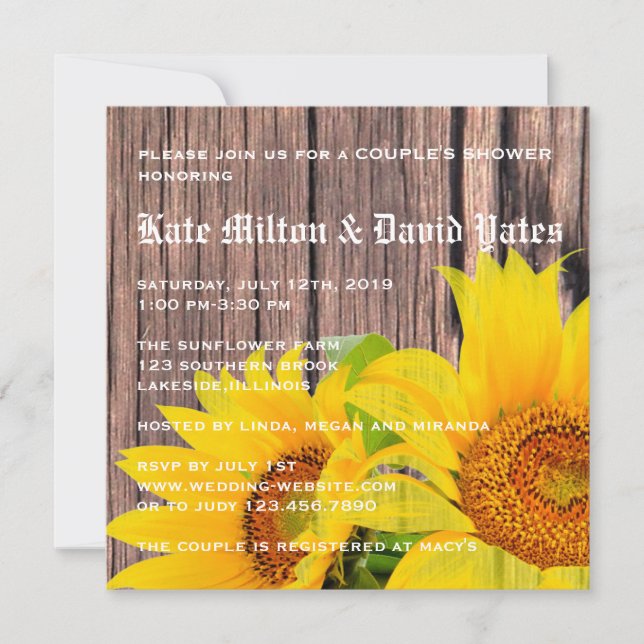 Invitation Sunflowers Love Rustic Country Douche de couple (Devant)