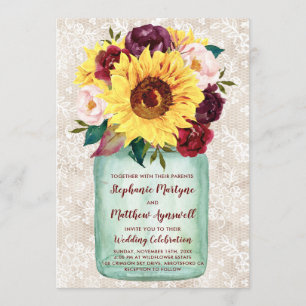 Invitation Sunflowers Mason Jar Burgundy Floral Mariage dente