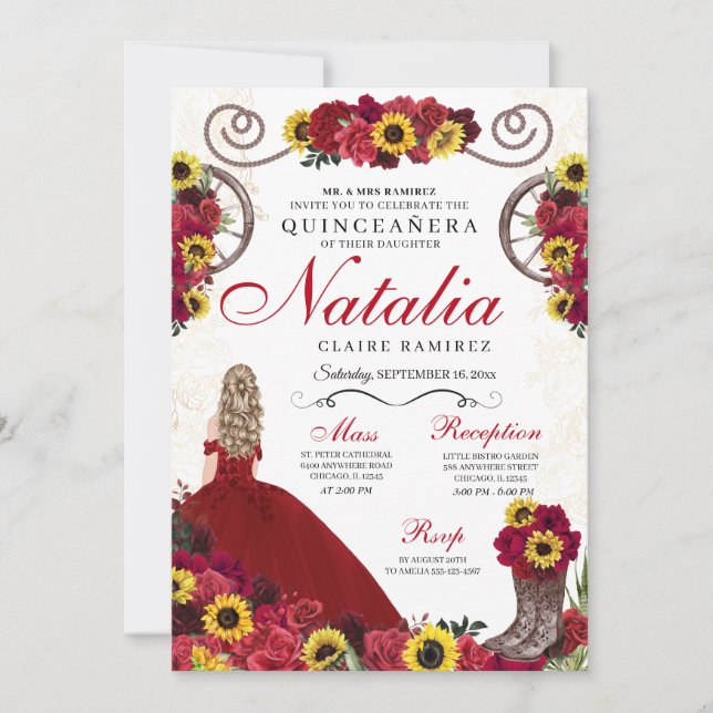 Invitation Sunflowers Red Roses Cowgirl Western Quinceanera (Devant)