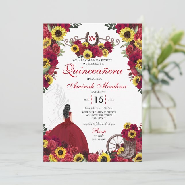 Invitation Sunflowers Red Roses Cowgirl Western Quinceanera (Debout devant)