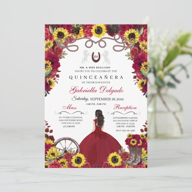 Invitation Sunflowers Red Roses Cowgirl Western Quinceanera (Debout devant)