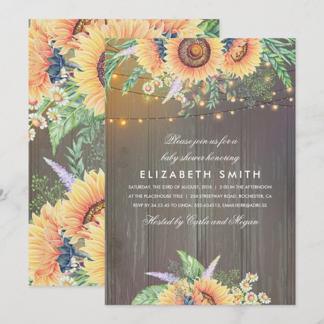 Invitation Sunflowers Rustic String Lights Baby shower en boi (Devant / Derrière)