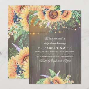 Invitation Sunflowers Rustic String Lights Baby shower en boi