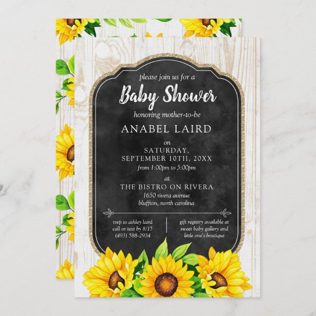 Invitation Sunflowers & Rustic Wood Country Baby shower agric (Devant / Derrière)