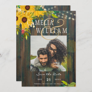 Invitation Sunflowers Rustic Wood PHOTO Mariage Enregistrer l