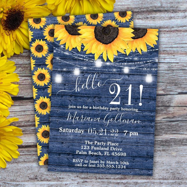 Invitation Sunflowers String Lights Blue 21e fête d'anniversa (Créateur téléchargé)