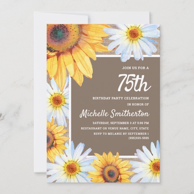 Invitation Sunflowers White Daisies Burlap 75e anniversaire (Devant)