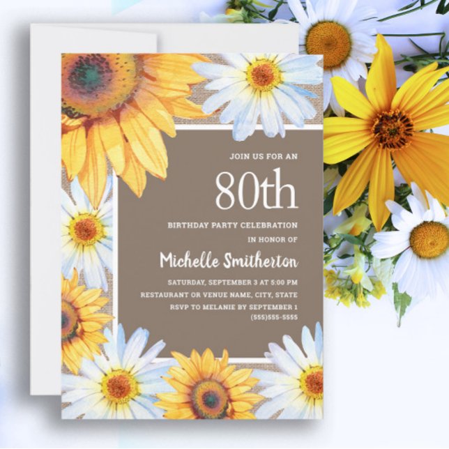 Invitation Sunflowers White Daisies Burlap 80e anniversaire (White daisies and sunflowers 80th birthday party invitation for women.)