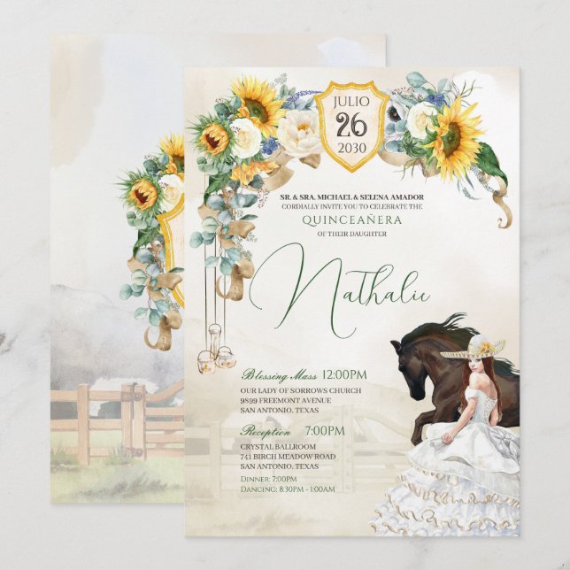 Invitation Sunflowers & White Roses Rustic Charro Quinceanera (Devant / Derrière)