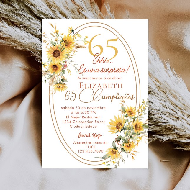 Invitation Sunflowers Women Spanish Surprise 65th Birthday (Créateur téléchargé)