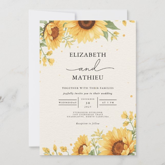 Invitation Sunny Sunflower Botanique Romance Mariage (Devant)