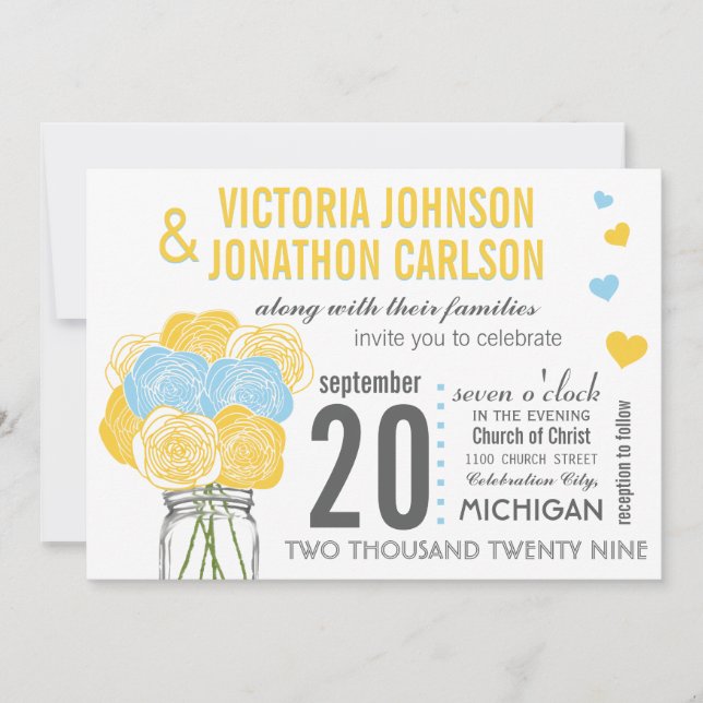 Invitation Sunny Yellow Sky Blue Floral Typographie moderne (Devant)