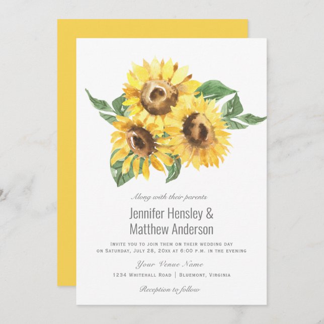Invitation Sunny Yellow Watercolor Mariage | (Devant / Derrière)