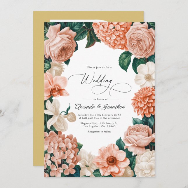 Invitation Sunrise Coral/Blush Peach/Driftwood Cream Wedding (Devant / Derrière)