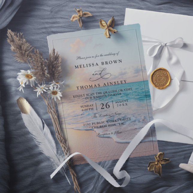 Invitation Sunrise Pastel Beach Sunset QR Code Wedding  (Créateur téléchargé)
