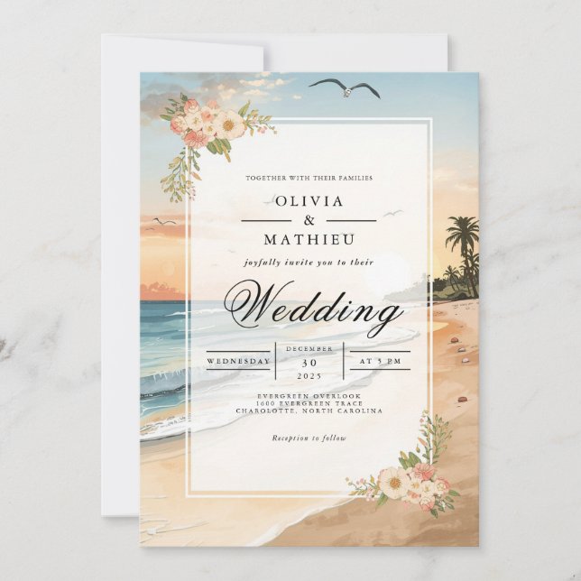 Invitation Sunset Beach Bloom Romance Mariage (Devant)