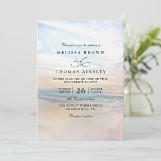 Invitation Sunset Beach Elegant Modern QR Code Wedding