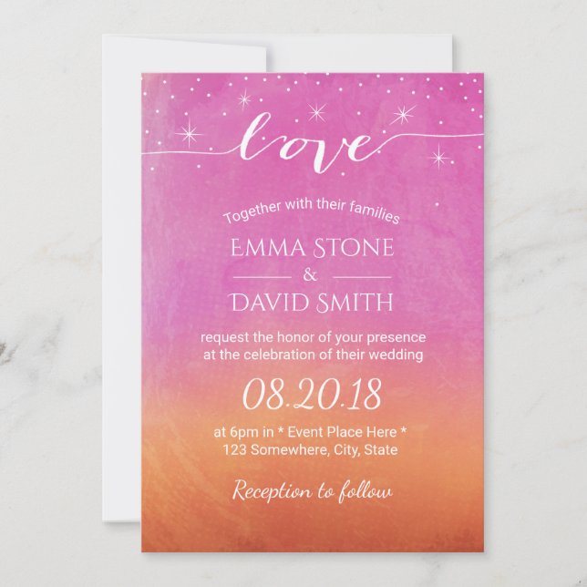 Invitation Sunset Beach Mariage Script Aimer Aquarelle (Devant)