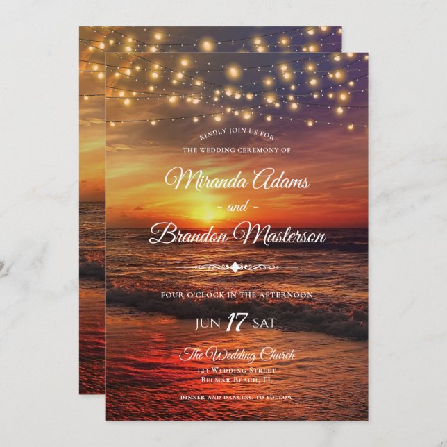 Invitation Sunset Beach String Lights Cérémonie des Mariages  (Devant / Derrière)