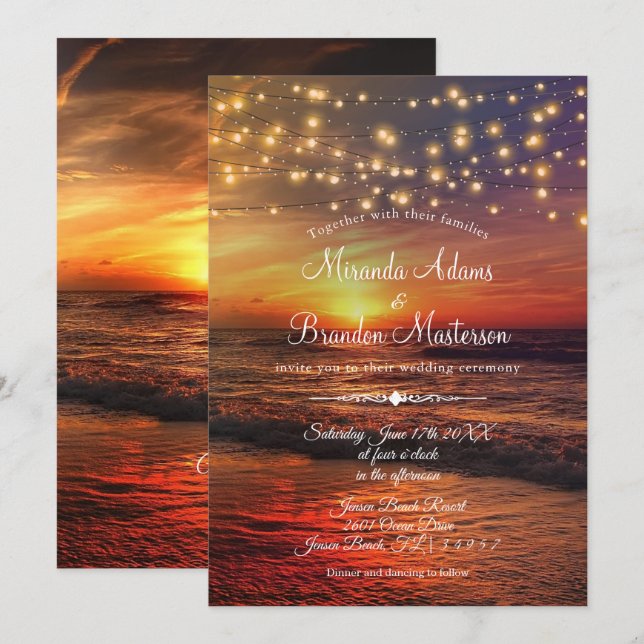 Invitation Sunset Beach String Lights Cérémonie des Mariages  (Devant / Derrière)