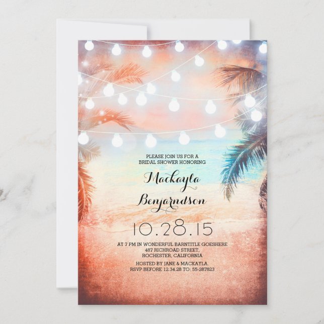 Invitation Sunset Beach & String Lights Fête des mariées (Devant)