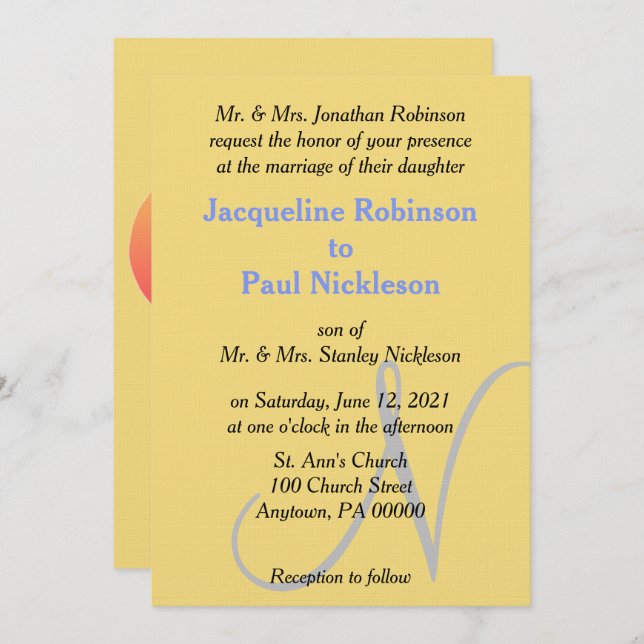Invitation Sunset Coeur Jaune Bleu Mariage Monogramme (Devant / Derrière)