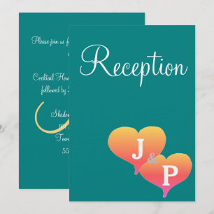 Invitation Sunset Hearts Turquoise Green Gold Monogramme