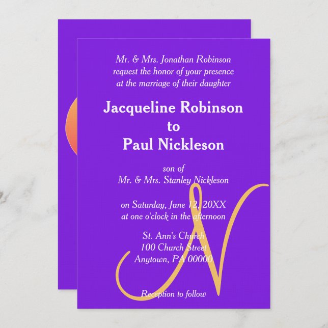Invitation Sunset Hearts Violet Golden Monogram Mariage (Devant / Derrière)