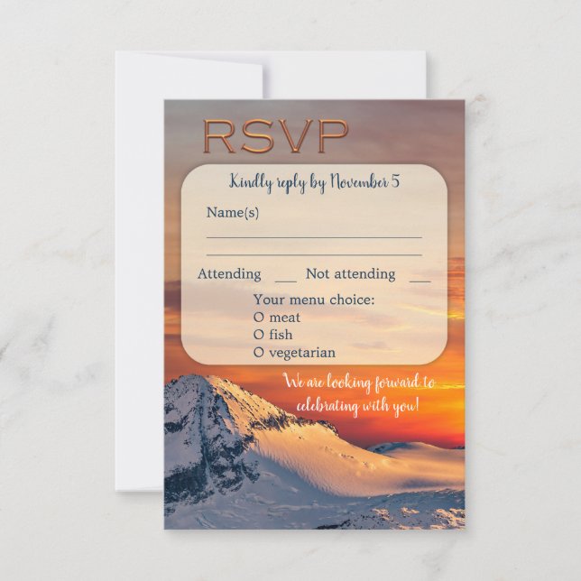 Invitation Sunset Mountains Winter Wedding Menu RSVP Card (Devant)