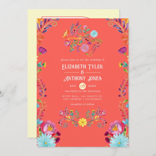 Invitation Sunset Orange/Cream Floral Mexican Fiesta Wedding (Devant / Derrière)