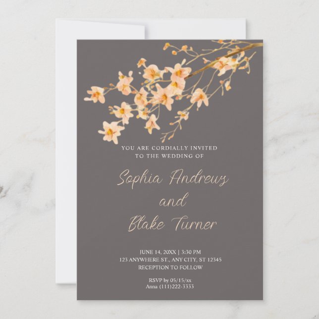 Invitation Sunset Orange Fleur sauvage Simple Grey Mariage (Devant)