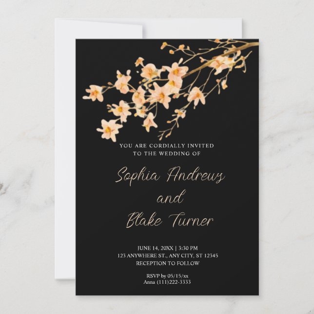 Invitation Sunset Orange Fleur sauvage Simple Mariage noir (Devant)