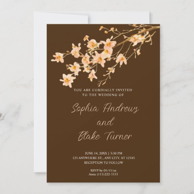 Invitation Sunset Orange Fleurs sauvages Simple Mariage Brown (Devant)