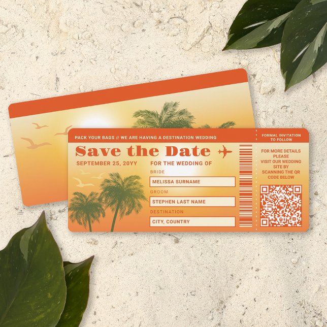 Invitation Sunset Palm Trees Faux Embarquement Pass Enregistr (This design is ideal for destination weddings or beach weddings, for example.)