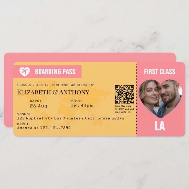 Invitation Sunset Pink & Goldenrod Boarding Pass Wedding (Devant / Derrière)