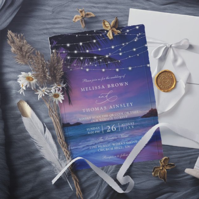 Invitation Sunset String Light Tropical Beach QR Code Wedding (Créateur téléchargé)