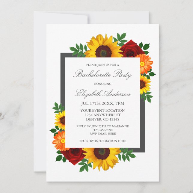 Invitation Sunset Sunflower Rose Floral Bachelorette Party (Devant)