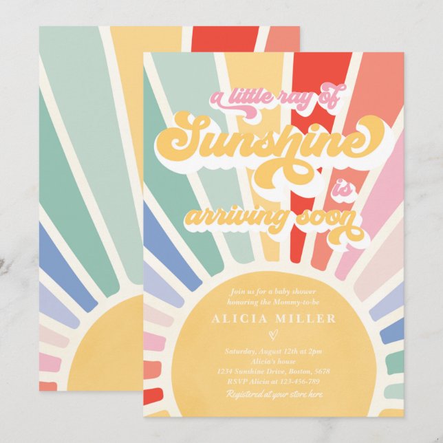 Invitation Sunshine Baby shower Boho Retro Rainbow Sunshine (Devant / Derrière)