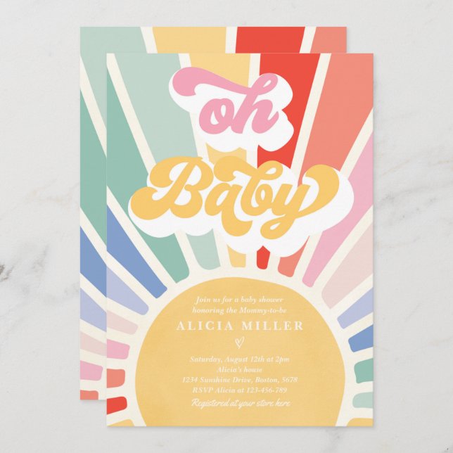 Invitation Sunshine Baby shower Boho Retro Rainbow Sunshine (Devant / Derrière)